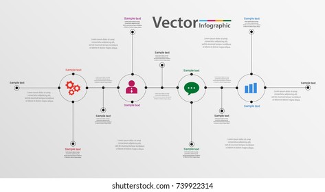 Four colorful circles connected by  horizontal stripe, thin line symbols and text. Concept of 4 stages of progressive development. Creative infographic design template. Vector eps10