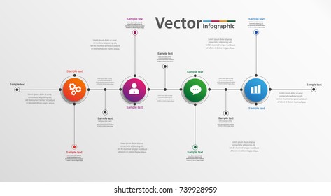 Four Colorful Circles Connected By  Horizontal Stripe, Thin Line Symbols And Text. Concept Of 4 Stages Of Progressive Development. Creative Infographic Design Template. Vector Eps10