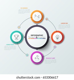 Four colorful circles with thin line symbols inside placed around central round element and connected. Cyclical business process concept. Realistic infographic design template. Vector illustration.