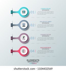 Four colorful circular elements with flat pictograms inside placed one below other and text boxes. Concept of 4 steps of project development. Infographic design layout. Vector illustration for report.