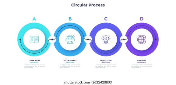Four colorful circular elements placed in horizontal row and connected by arrows. Concept of 4 successive steps of business strategy. Simple vector illustration