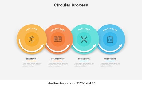 Four colorful circular elements with rotation indication placed in horizontal row. Concept of 4 steps of startup project development strategy. Modern flat simple vector illustration for presentation.