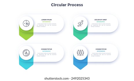 Four colorful circular elements, thin line pictograms, pointers and text boxes. Concept of arrow business model with 4 steps. Modern infographic design template. Vector illustration.
