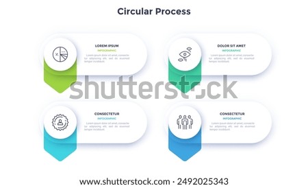 Four colorful circular elements, thin line pictograms, pointers and text boxes. Concept of arrow business model with 4 steps. Modern infographic design template. Vector illustration.
