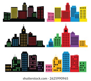 Four colorful city skylines are displayed, creating a pixel art composition with black silhouettes and vibrant, contrasting colors