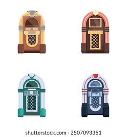 Four colorful classic jukebox machines isolated on white background, retro music concept