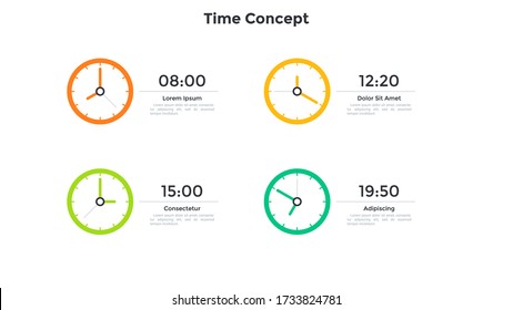 Four Colorful Clock Faces And Time Indication. Concept Of Timetable, Schedule, Appointment Planning, Organization Of Daily Activities. Simple Infographic Design Template. Modern Vector Illustration.