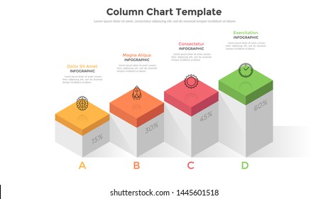 Four colorful columns with percentage indication. Concept of 4 stages or levels of business development. Modern infographic design template. Volumetric vector illustration for presentation, report.