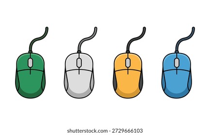 Quatro ratos de computador coloridos com cordas no fundo branco