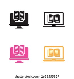 Cuatro computadoras coloridas que muestran un ícono de libro abierto, en negro, rosa y amarillo, aislado sobre un fondo blanco. ilustración plana de Vector.