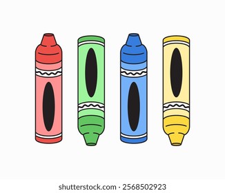 Four colorful crayons arranged in a playful design showcasing artistic creativity and fun for themes related to art, education, or children’s creativity