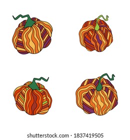 Four colorful detailed pumpkins stock vector illustration. Elegance curve pumpkins isolated on white. Harvest of fall season striped veggies. 