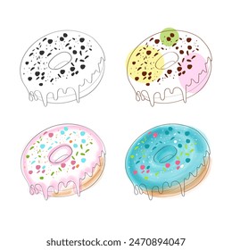 Four colorful donuts with various sprinkles and drizzled frosting.