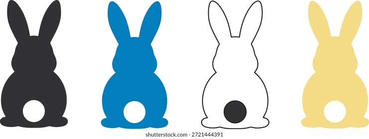 Four colorful Easter bunnies in red, blue, green, and yellow stand together on a white background, symbolizing Easter day joy and celebration