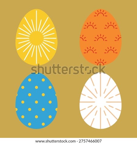 Four colorful Easter eggs with distinct geometric and sunburst patterns on a golden background.