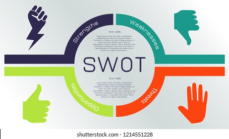 Four colorful elements concept of SWOT-analysis. Infographic vector illustration.