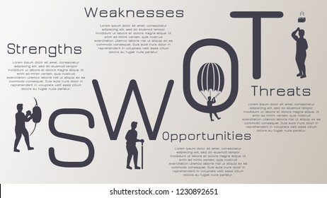Four colorful elements concept of SWOT-analysis. Infographic vector illustration.