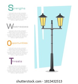 Four colorful elements concept of SWOT-analysis. Infographic vector illustration.