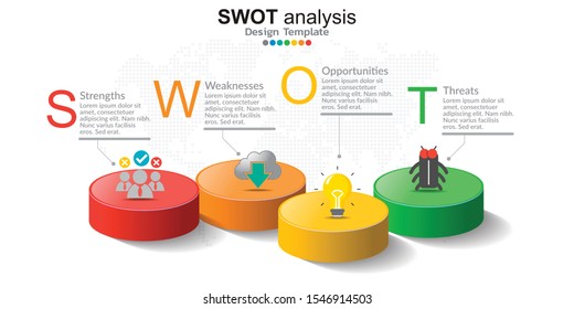 Four colorful elements with icons and place for text in Concept of SWOT analysis.