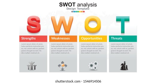 Four colorful elements with icons and place for text in Concept of SWOT analysis.