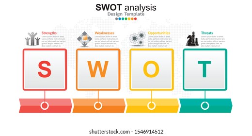 Four colorful elements with icons and place for text in Concept of SWOT analysis.