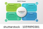 Four colorful elements with linear icons and place for text inside placed around circle. Concept of SWOT-analysis or strategic planning technique. Infographic design template. Vector illustration.
