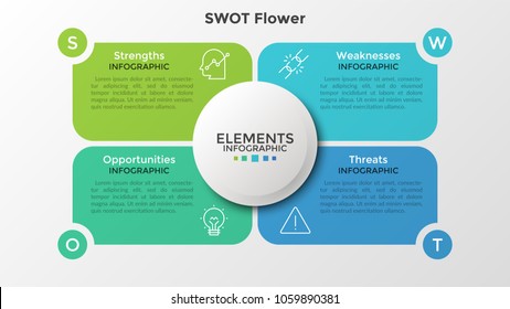 Four colorful elements with linear icons and place for text inside placed around circle. Concept of SWOT-analysis or strategic planning technique. Infographic design template. Vector illustration.