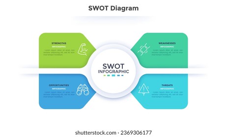 Cuatro elementos coloridos con iconos lineales y lugar para el texto en el interior colocado alrededor del círculo. Concepto de técnica de análisis SWOT o planificación estratégica. Plantilla de diseño infográfico. Ilustración vectorial.