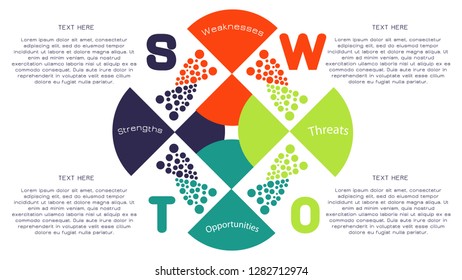 Four colorful elements ñoncept of SWOT-analysis. Infographic vector illustration.