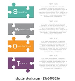 Four colorful elements ñoncept of SWOT-analysis. Infographic vector illustration.