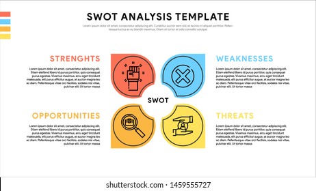 Four colorful elements with text inside placed around circle. Concept of SWOT-analysis template or strategic planning technique. Infographic design template. Vector illustration.