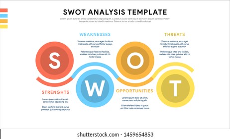 Four colorful elements with text inside placed around circle. Concept of SWOT-analysis template or strategic planning technique. Infographic design template. Vector illustration.