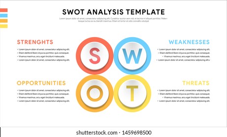 Four colorful elements with text inside placed around circle. Concept of SWOT-analysis template or strategic planning technique. Infographic design template. Vector illustration.