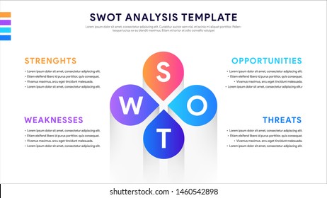 Four colorful elements with text inside placed around rectangle. Concept of SWOT-analysis template or strategic planning technique. Infographic design template. Vector illustration.