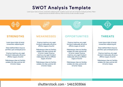 Four Colorful Elements With Text Inside Placed Around Table. Concept Of SWOT-analysis Template Or Strategic Planning Technique. Infographic Design Template. Vector Illustration.