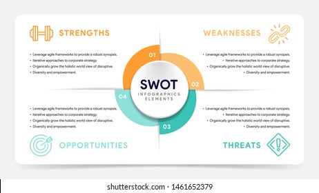 Four colorful elements with text inside placed around circle. Concept of SWOT-analysis template or strategic planning technique. Infographic design template. Vector illustration. - Shutterstock ID 1461652379