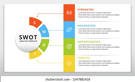 Four colorful elements with text inside placed around circle. Concept of SWOT-analysis template or strategic planning technique. Infographic design template. Vector illustration.