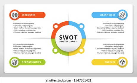 Four colorful elements with text inside placed around circle. Concept of SWOT-analysis template or strategic planning technique. Infographic design template. Vector illustration.