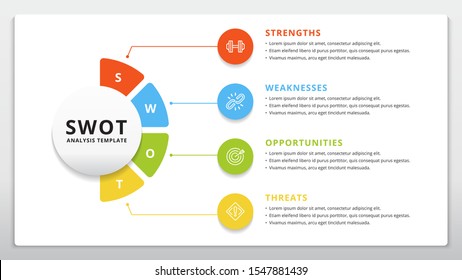 Four colorful elements with text inside placed around circle. Concept of SWOT-analysis template or strategic planning technique. Infographic design template. Vector illustration.