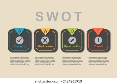 Four colorful elements with text inside . Concept of SWOT analysis template or strategic planning technique. Infographic design template. Vector illustration