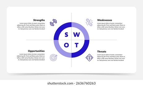Four colorful elements with text inside placed around circle. Concept of SWOT-analysis template or strategic planning technique. Infographic design template. Vector illustration