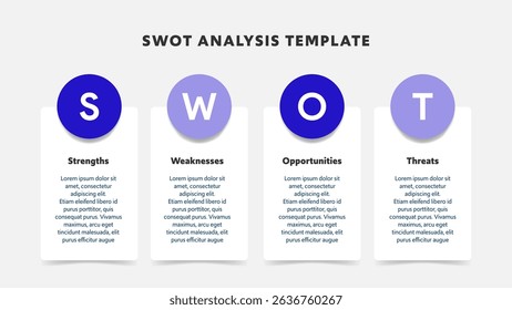 Four colorful elements with text inside placed around circle. Concept of SWOT-analysis template or strategic planning technique. Infographic design template. Vector illustration