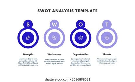 Four colorful elements with text inside placed around circle. Concept of SWOT-analysis template or strategic planning technique. Infographic design template. Vector illustration