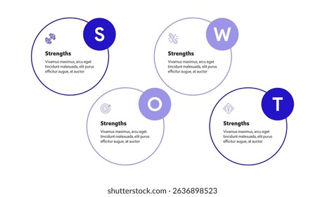 Four colorful elements with text inside placed around circle. Concept of SWOT-analysis template or strategic planning technique. Infographic design template. Vector illustration