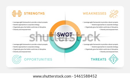 Four colorful elements with text inside placed around circle. Concept of SWOT-analysis template or strategic planning technique. Infographic design template. Vector illustration.