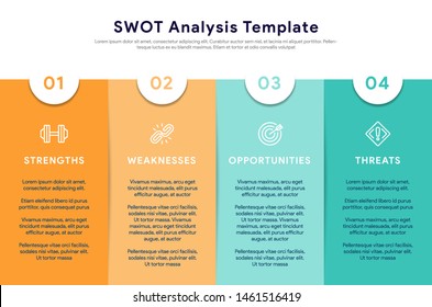 Four colorful elements with text placed inside table. Concept of SWOT-analysis template or strategic planning technique. Infographic design template. Vector illustration.
