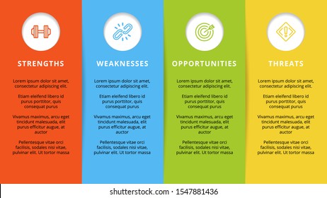 Four colorful elements with text placed inside table. Concept of SWOT-analysis template or strategic planning technique. Infographic design template. Vector illustration.