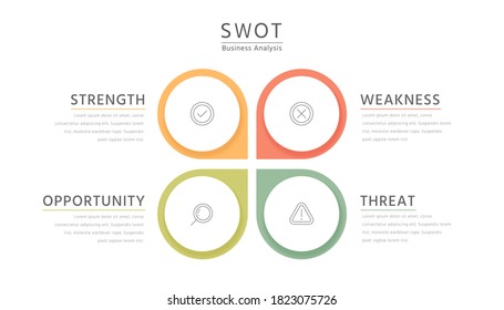 Four colorful elements with text placed around circle, concept of SWOT-analysis infographic template or strategic planning technique