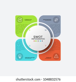 Four colorful elements with thin line symbols and place for text inside placed around circle. Concept of SWOT-analysis and business analytics. Modern infographic design template. Vector illustration