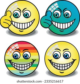 Four colorful emojis with big smiles and thumbs up, showing approval and positive emotions